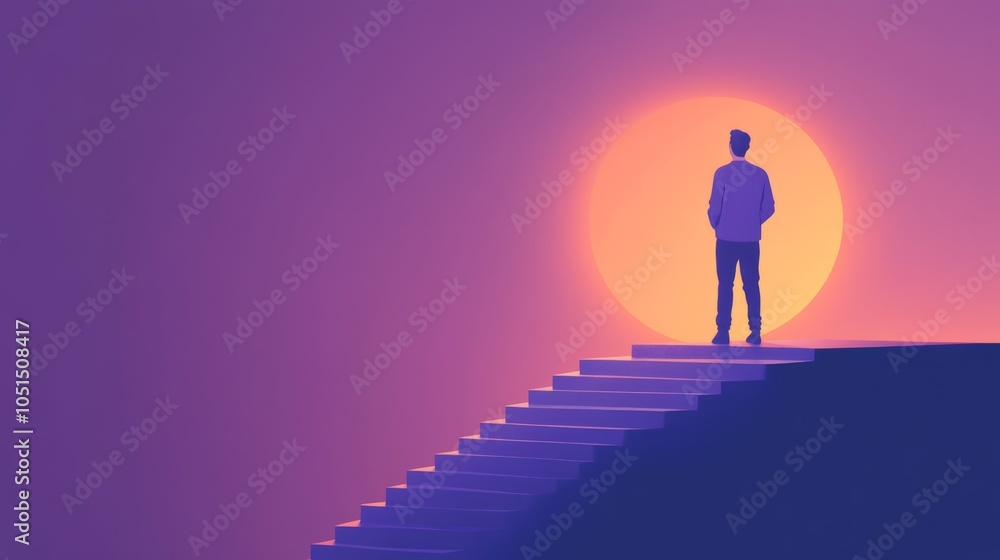 Ambition's Ascent: Silhouette of a man standing on steps, gazing at a large, vibrant sunset. A powerful image of aspiration, growth, and the journey to success. Ambition's Ascent: Silhouette of a man standing on steps, gazing at a large, vibrant sunset. A powerful image of aspiration, growth, and the journey to success.