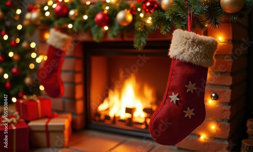 Christmas gifts tree lanterns fireplace mitten holiday