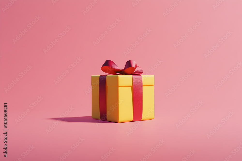 Yellow gift box tied with red ribbon, pink background, ready to give to someone special on an important day. Yellow gift box tied with red ribbon, pink background, ready to give to someone special on an important day.