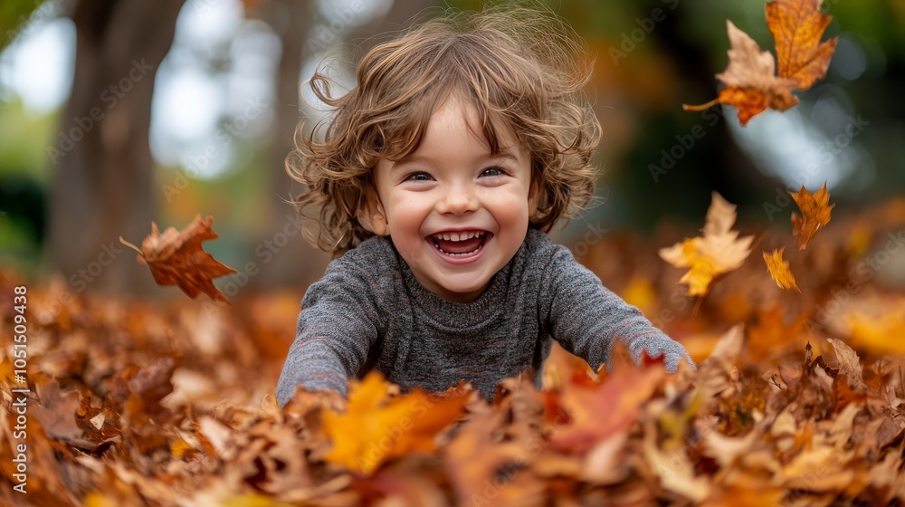 Joyful Child Playing in Pile of Raked Leaves Joyful Child Playing in Pile of Raked Leaves