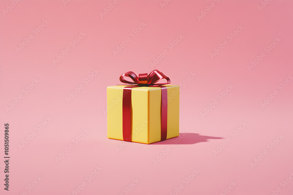 Yellow gift box tied with red ribbon, pink background, ready to give to someone special on an important day. Yellow gift box tied with red ribbon, pink background, ready to give to someone special on an important day.