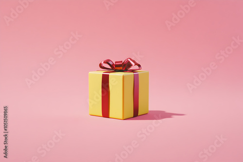 Yellow gift box tied with red ribbon, pink background, ready to give to someone special on an important day.