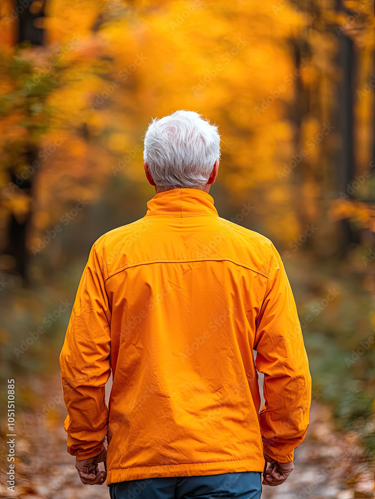 Person in orange jacket walking through autumn forest path. Person in orange jacket walking through autumn forest path.