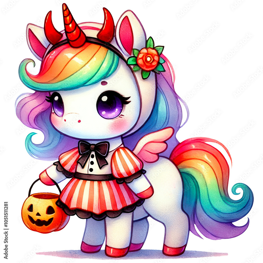 Naklejka premium Cute Halloween Unicorns in Festive Costumes, Adorable cartoon unicorns dressed in various Halloween costumes, holding pumpkins and candy, surrounded by Halloween-themed elements like bats and lantern