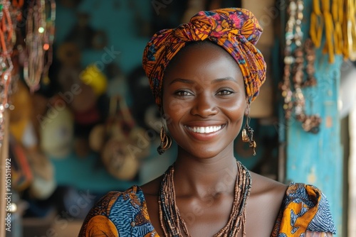 African woman smiling in her jewelry workshop, Generative AI