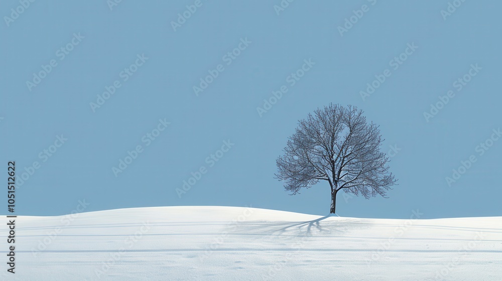 A lone tree stands in the snow on a hill. Generative AI A lone tree stands in the snow on a hill. Generative AI