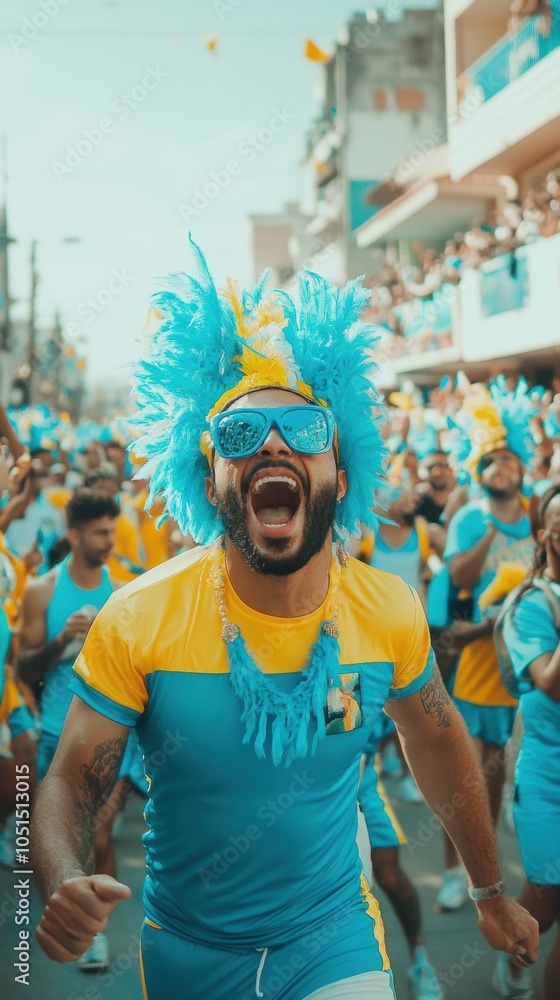 Lively carnival parade scene with joyful man in blue and yellow costume, shouting with excitement. Streets filled with people celebrating in festive atmosphere. Lively carnival parade scene with joyful man in blue and yellow costume, shouting with excitement. Streets filled with people celebrating in festive atmosphere.