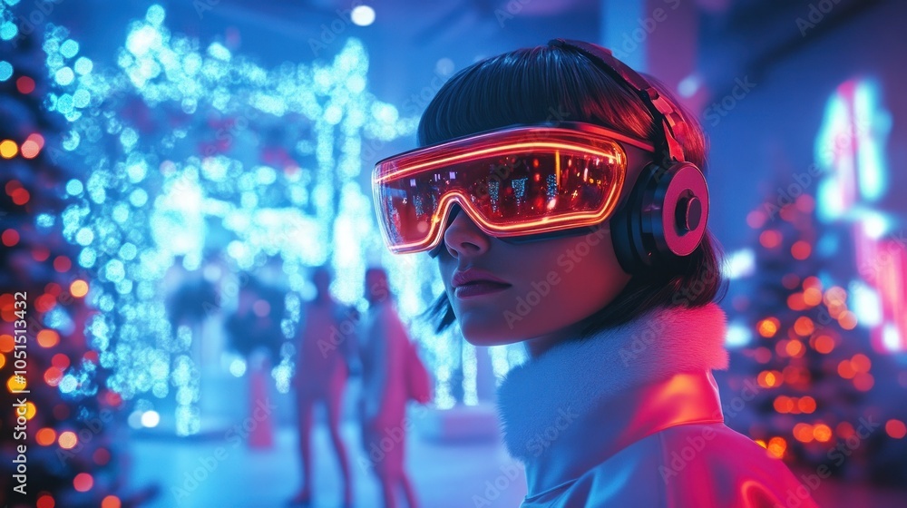 Futuristic woman in glowing VR headset, holiday setting Futuristic woman in glowing VR headset, holiday setting