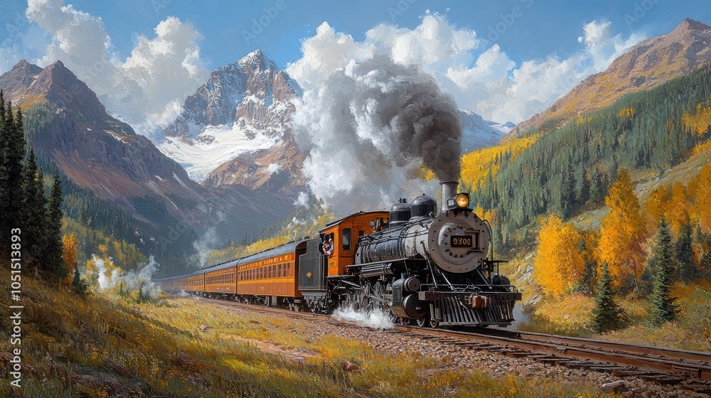 Steam Locomotive Train Traveling Through Mountain Pass in Autumn Steam Locomotive Train Traveling Through Mountain Pass in Autumn