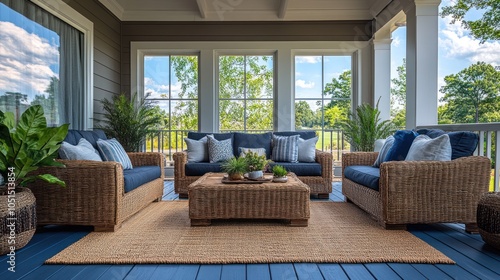 Cozy porch with seating and plants, perfect for relaxation.