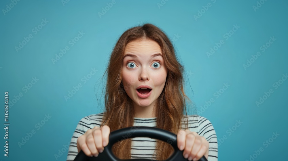 A surprised young woman holds a steering wheel against a blue background, expressing excitement or shock. A surprised young woman holds a steering wheel against a blue background, expressing excitement or shock.
