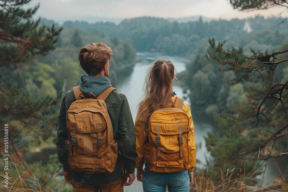 Adventurous Young Couple Hiking with Backpacks in Scenic Forest Landscape Adventurous Young Couple Hiking with Backpacks in Scenic Forest Landscape