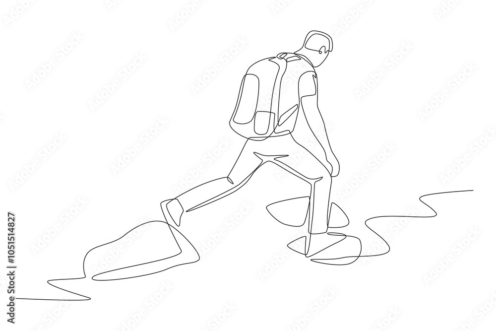 The man crossing the river. River trekking concept one-line drawing The man crossing the river. River trekking concept one-line drawing