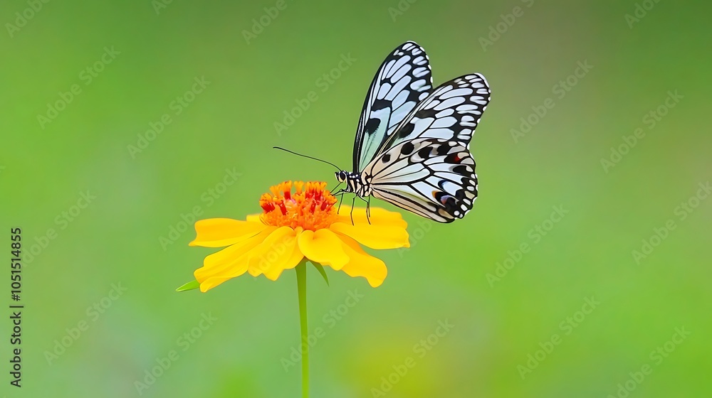 A butterfly perched on a vibrant yellow flower against a soft green background. A butterfly perched on a vibrant yellow flower against a soft green background.