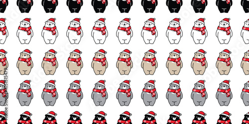 bear polar seamless pattern santa claus hat christmas scarf knitting teddy vector pet doodle cartoon tile background gift wrapping paper repeat wallpaper scarf isolated illustration design