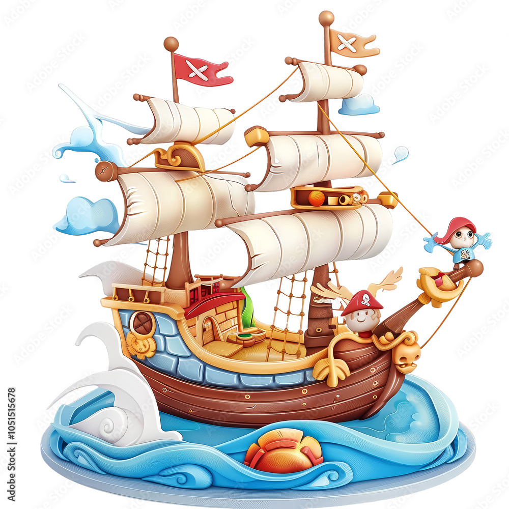 colorful cartoon pirate ship sails on vibrant waves, featuring playful characters and whimsical details. This charming scene captures adventurous spirit of high seas