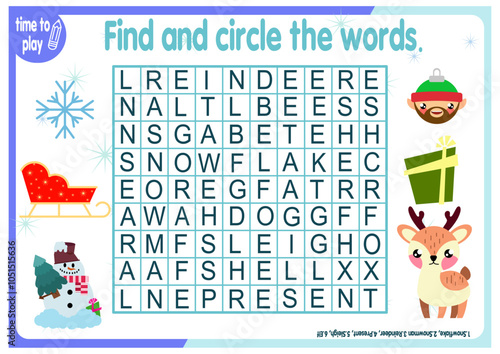 crossword for children. New Year. Christmas. logic game. worksheet for kids