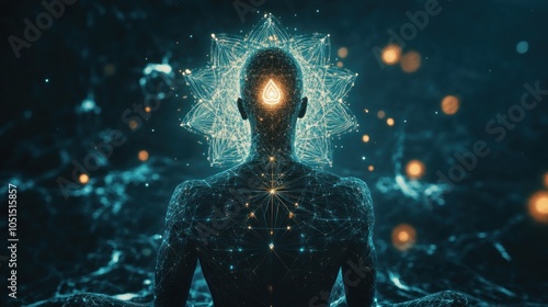Silhouette meditating with blue geometric light halo