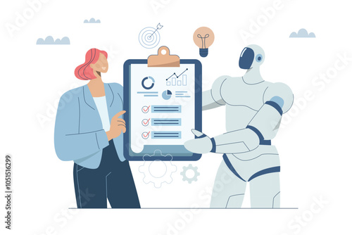 Personnel or employees work with artificial intelligence, Chatbots, Document management or data management with AI, Data checklist, Innovation development, Vector design illustration.
