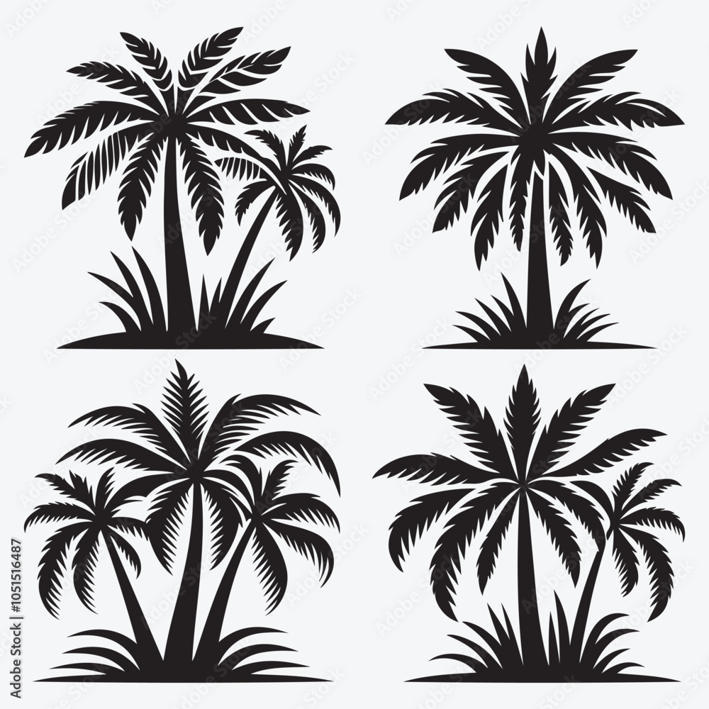 Fototapeta premium Tropical tree silhouette set vector illustration isolated on white background