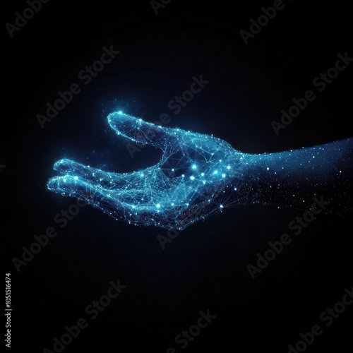 Digital hand reaching forward in glowing network.