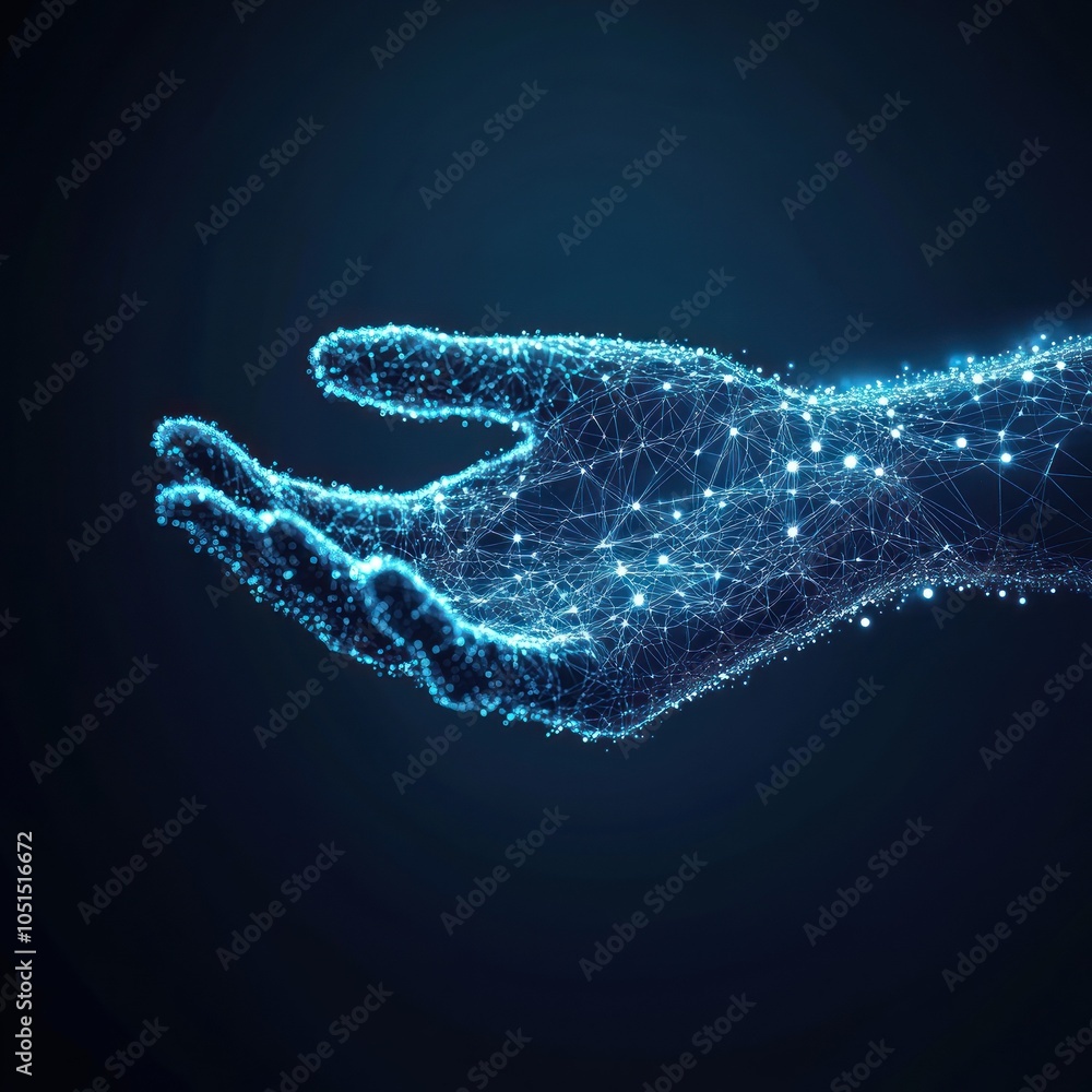 Glowing digital hand composed of intricate nodes network Glowing digital hand composed of intricate nodes network