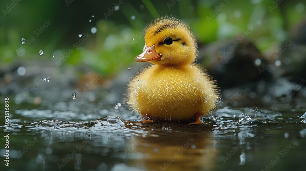 A fluffy yellow duckling stands in a shallow pool of water, with water droplets falling around it. A fluffy yellow duckling stands in a shallow pool of water, with water droplets falling around it.