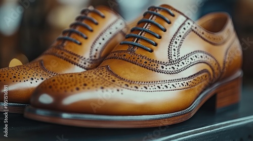 Closeup of a Pair of Brown Leather Brogue Shoes