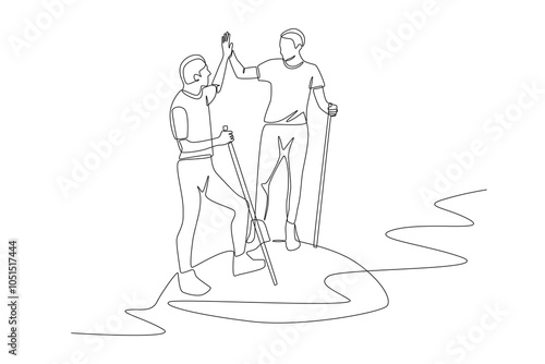 Two friends standing on a river rock. River trekking concept one-line drawing