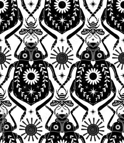 floral boho bees and beetles scandi folk art black and white block print style seamless pattern, vector illustration repeat design