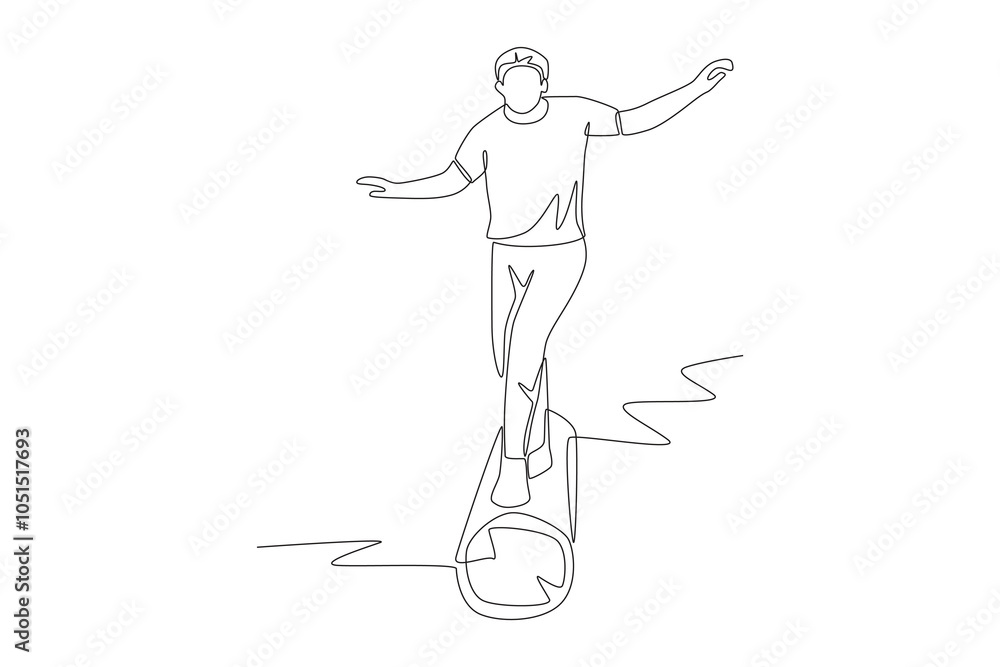 Man crossing the river on a wooden bridge. River trekking concept one-line drawing Man crossing the river on a wooden bridge. River trekking concept one-line drawing