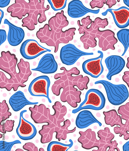 scattered fig fruits and foliage in muted pastel blue blush pink seamless pattern, hand drawn vector illustration repeat design print