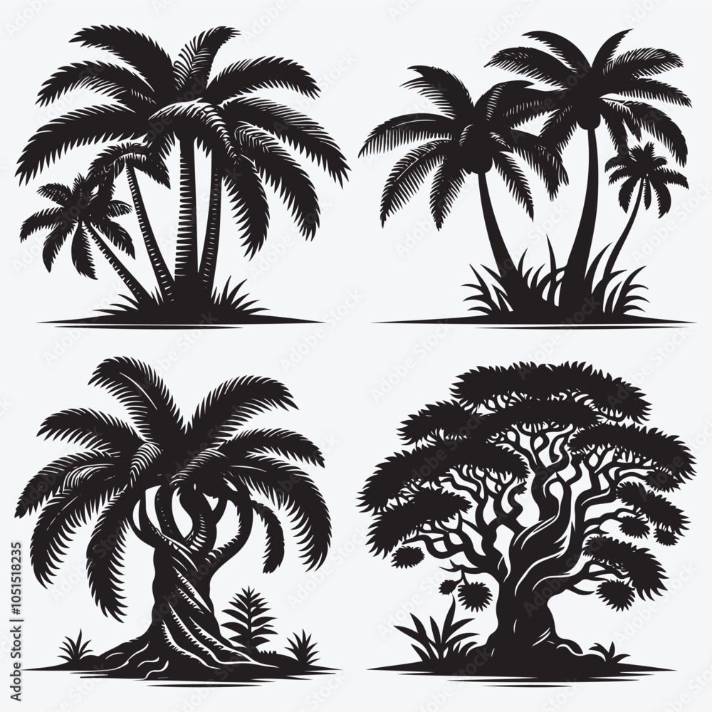 Obraz premium Tropical tree silhouette set vector illustration isolated on white background