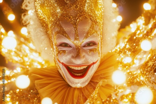 Close-up of sparkling carnival clown with wide smile, adorned with glittering golden decorations and lights, symbolizing joy and festivity of carnival. photo