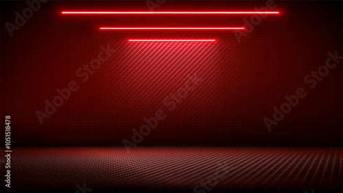 Studio interior with carbon fiber texture. Modern carbon fiber textured red black interior with light. Background for mounting, product placement. Vector background, template, mockup