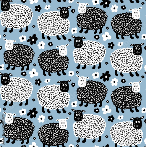 cute scandi naive art style hand drawn sheep seamless pattern, vector illustration repeat design print