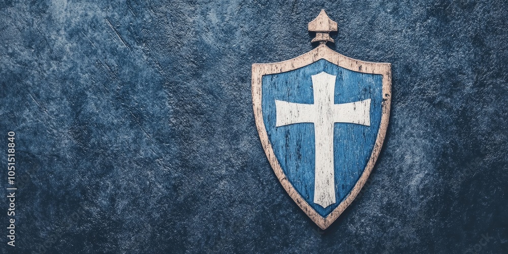 Wooden shield with blue background and white cross design, symbolizing protection and strength. This decorative piece adds historical touch to any setting Wooden shield with blue background and white cross design, symbolizing protection and strength. This decorative piece adds historical touch to any setting