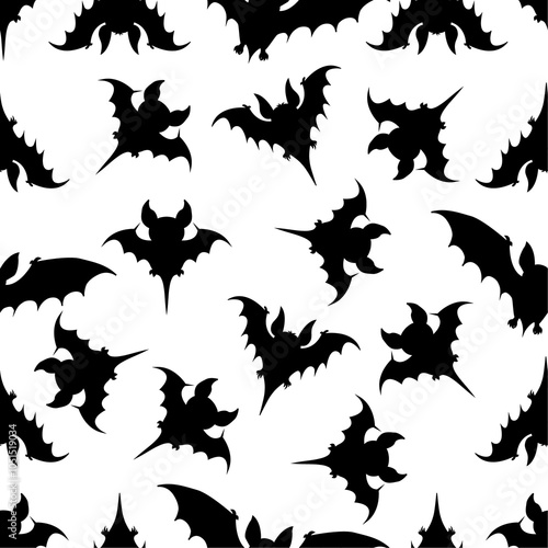 Seamless vector texture of various flying bat shapes. Different minimalistic black bats isolated on white background photo