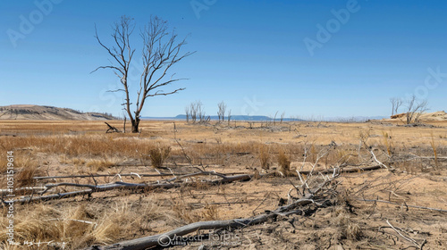 Drained lone tree in arid cracked desert landscape under blue sky. Drought, motivation and desire to live despite everything, persistence and hard work concept photo