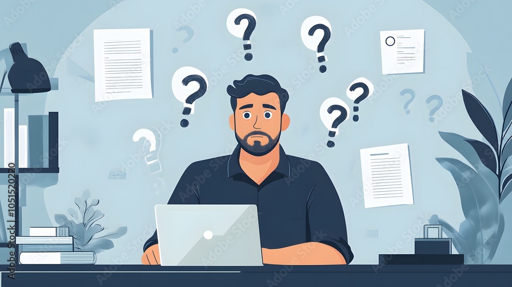Vector of a thoughtful man working on laptop at workplace having some questions. Vector of a thoughtful man working on laptop at workplace having some questions.