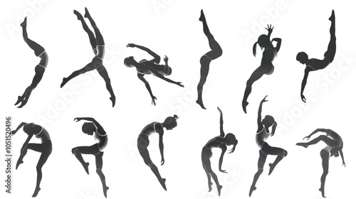 Child Gymnastics Poses Silhouette, Set of Flexible Gymnast Exercise, isolated in White backgroun 