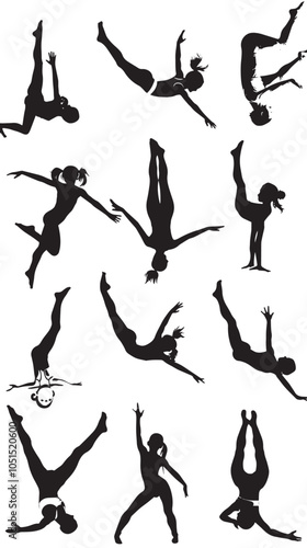 Child Gymnastics Poses Silhouette, Set of Flexible Gymnast Exercise, isolated in White backgroun 