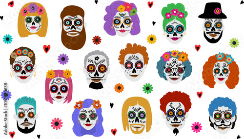 set of colorful calaveras floral sugar sculls, day of dead, dia de los muertos holiday vector illustration