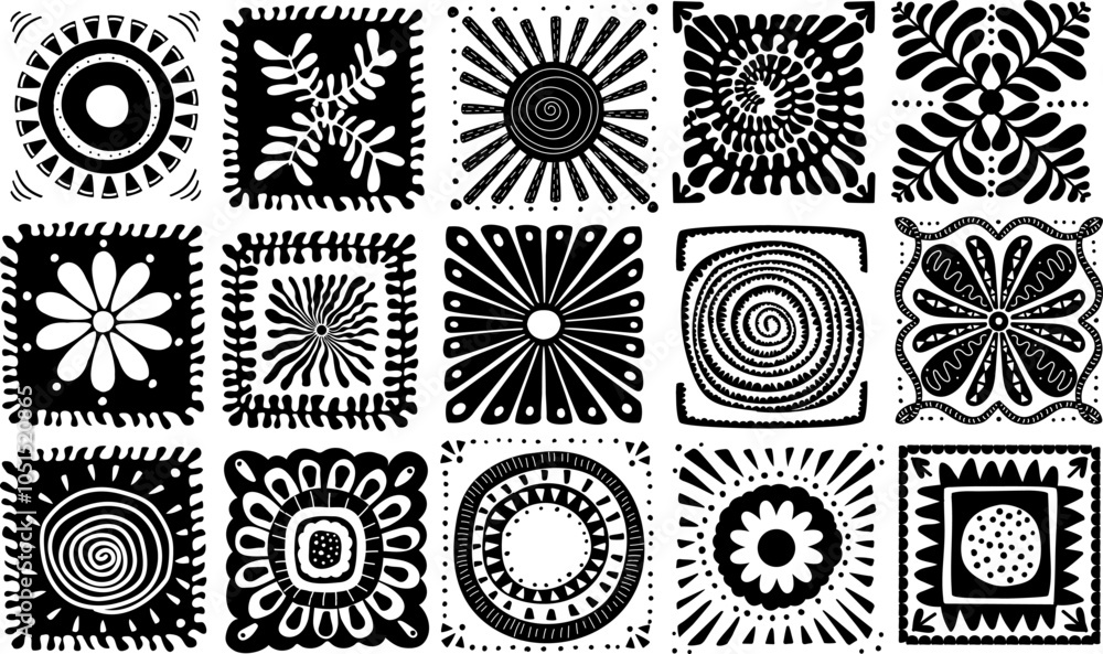hand drawn boho chic  fashion square tiles in black and white collection