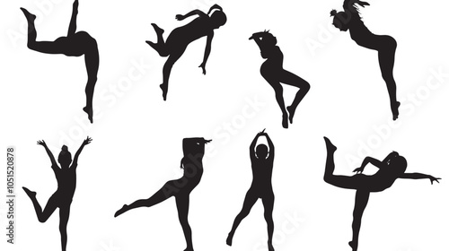 Child Gymnastics Poses Silhouette, Set of Flexible Gymnast Exercise, isolated in White backgroun 