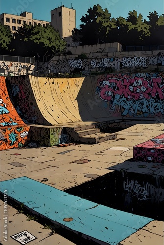 Graffiti-covered skateparks in oldschool comic style photo