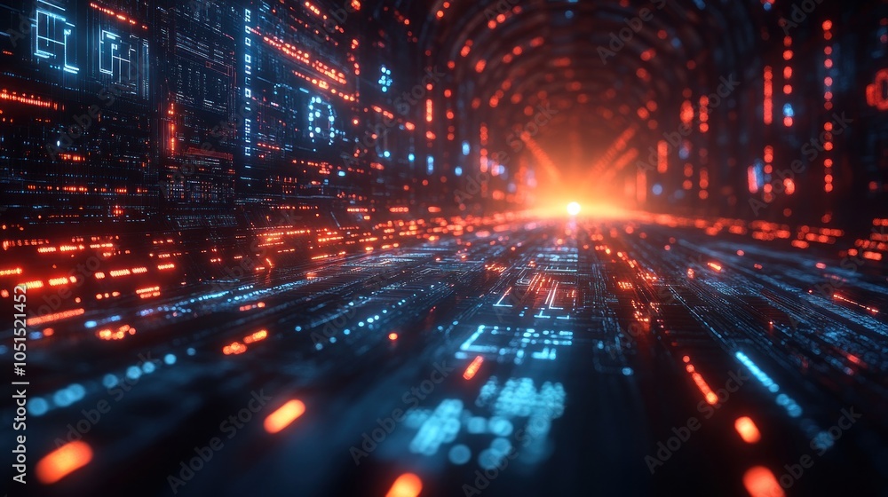 Futuristic digital landscape with glowing data streams and light. Futuristic digital landscape with glowing data streams and light.