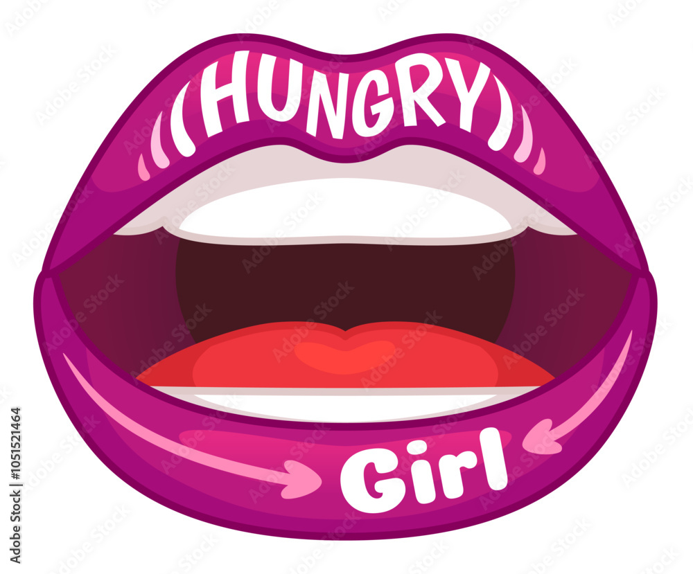 Female open mouth with purple lipstick showing tongue and words hungry and girl written on it. Female open mouth with purple lipstick showing tongue and words hungry and girl written on it.