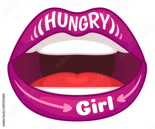 Female open mouth with purple lipstick showing tongue and words hungry and girl written on it.