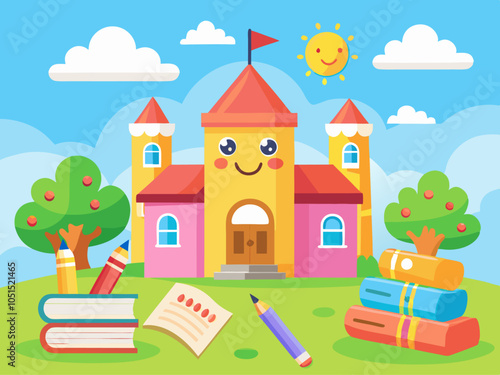 cartoon house on a glade with teacher tools